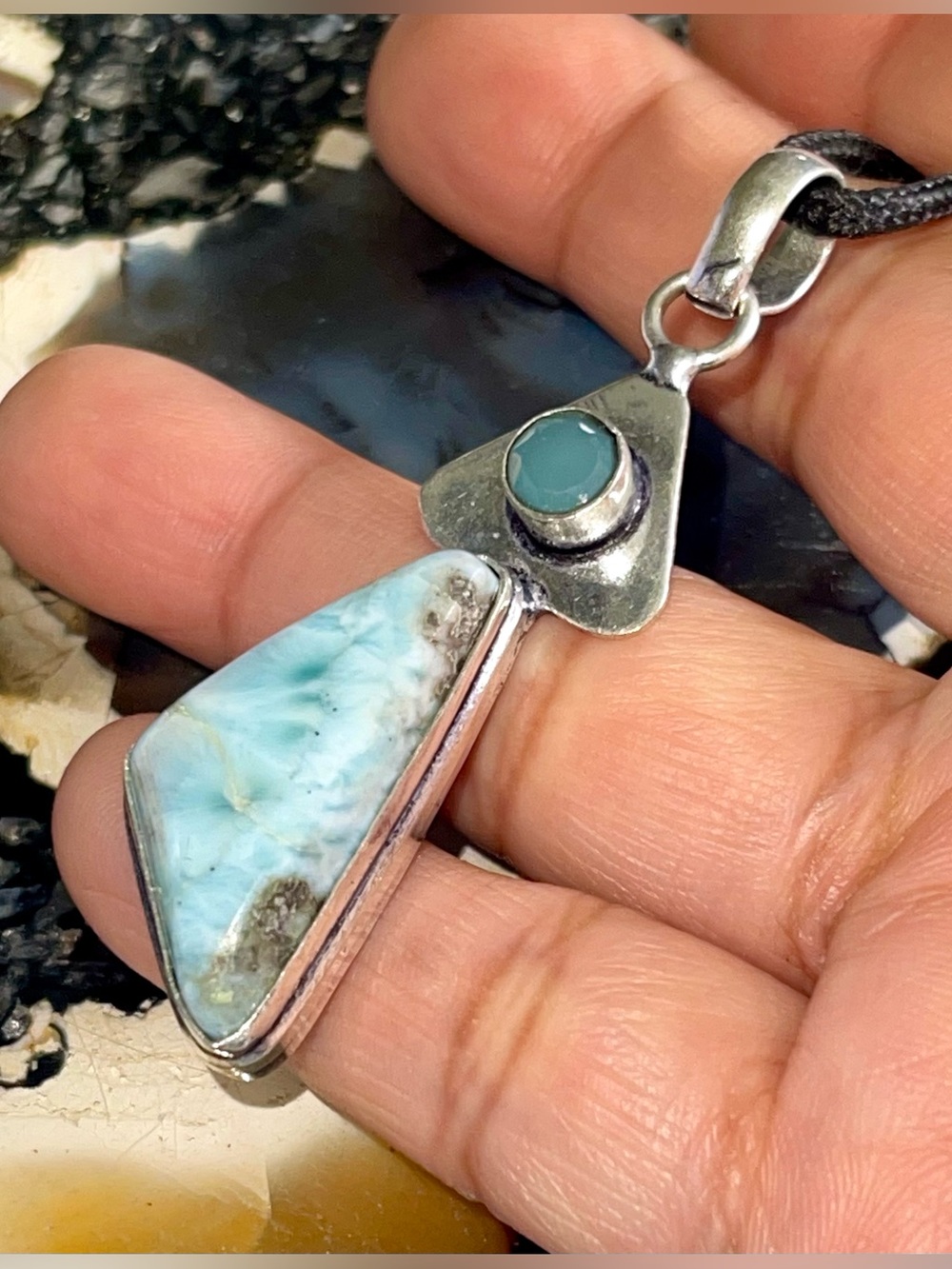 “Stone of Truth” Lightweight Caribbean Larimar & Chalcedony Pendant 2 1/4”